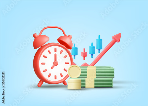 3D illustration vector render of red alarm clock icon, pile of cash, gold coins, stock candle graph and up arrow. Concept of importance of time investment, financial growth and uptrend market trend