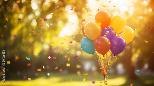 Child's colorful balloon bouquet with confetti and streamers, celebrating joy and playfulness on International Children's Day.