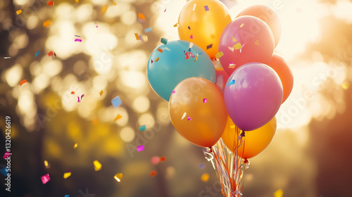 Child's colorful balloon bouquet with confetti and streamers, celebrating joy and playfulness on International Children's Day.
