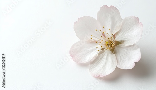 Delicate White Cherry Blossom with Pink Hints on White Background