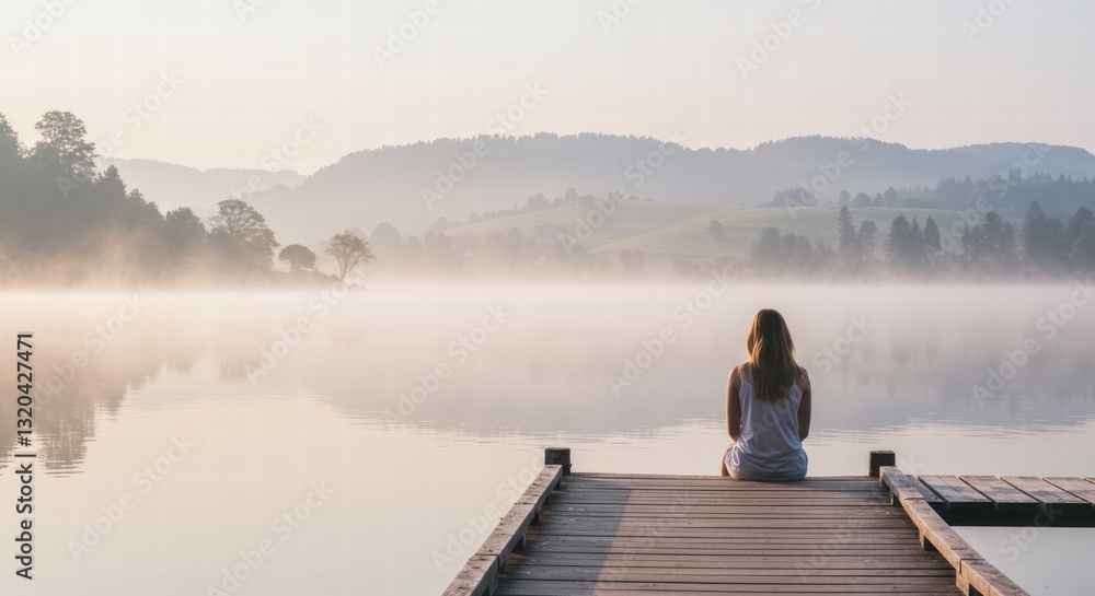 A woman sits on the edge of a misty lake, enjoying the calm and comfortable atmosphere of the morning. A woman sits on the edge of a misty lake, enjoying the calm and comfortable atmosphere of the morning.