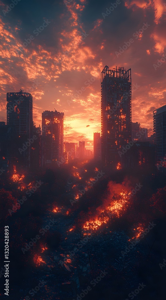 Obraz premium a city skyline silhouetted against a fiery sunset with clouds.