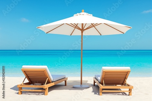 Wallpaper Mural Wooden lounge chairs with white cushions under an umbrella on a sandy beach, facing the turquoise sea. Clear blue sky in the background. Relaxation concept. Ai generative Torontodigital.ca