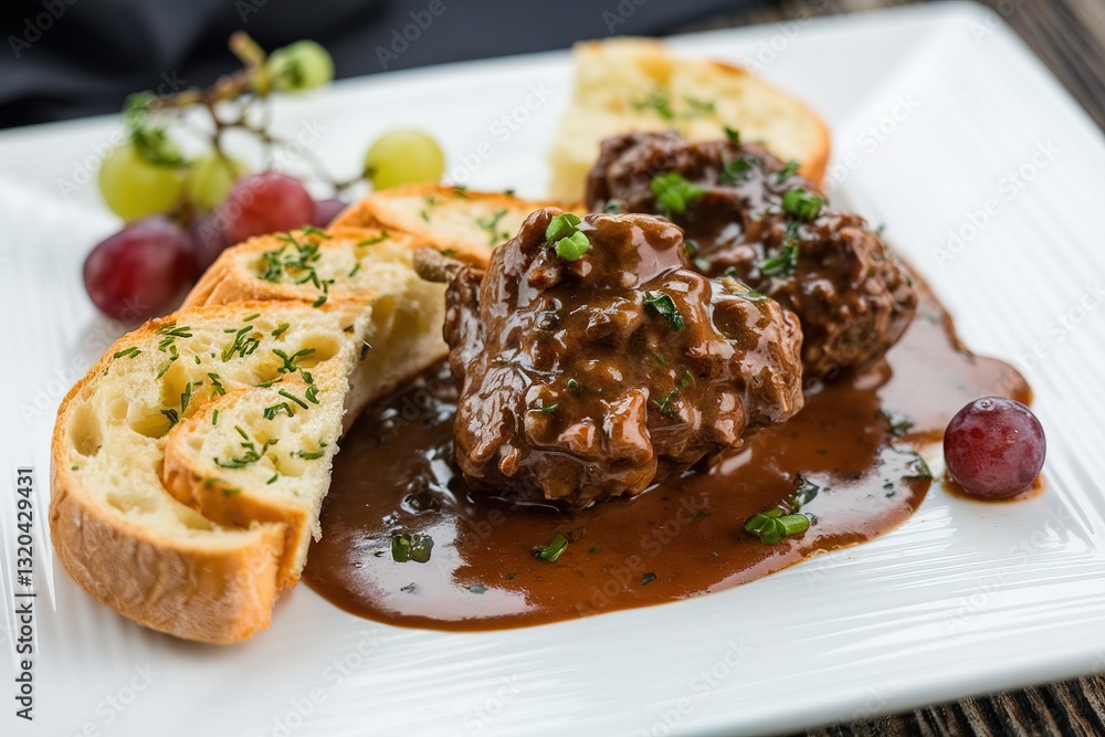 Brown meat in sauce with garlic bread and grapes Brown meat in sauce with garlic bread and grapes