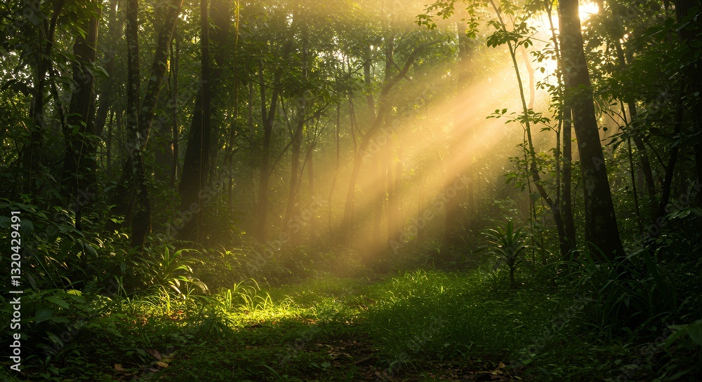 Obraz premium A sunbeam-drenched path winds through a vibrant tropical forest.