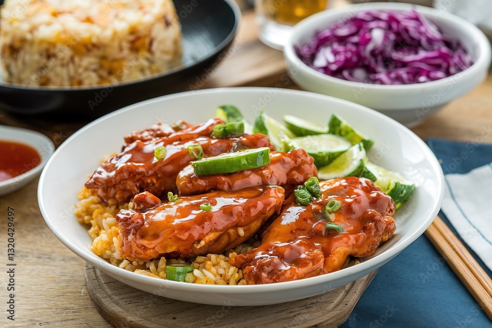 Spicy sweet and sour general tso chicken with fried rice and purple cabbage Spicy sweet and sour general tso chicken with fried rice and purple cabbage