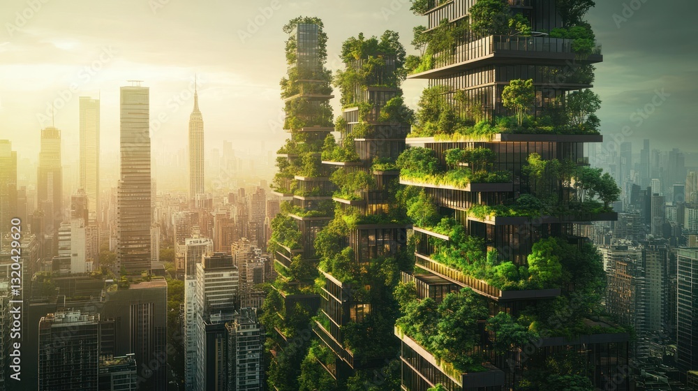 Obraz premium Sustainable urban living, vertical greenery, futuristic architecture