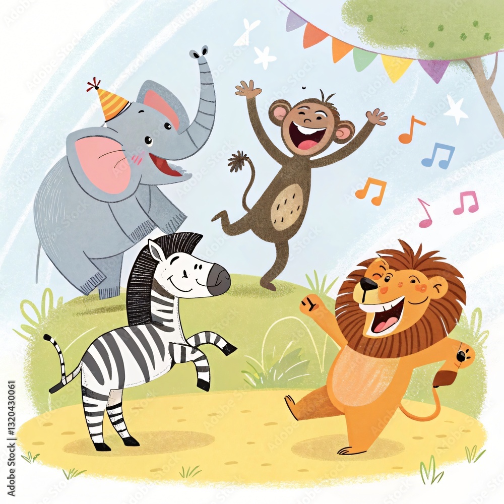 Obraz premium Joyful African Animals Celebrate at Birthday Party Elephant Zebra Monkey Lion Cartoon Illustration