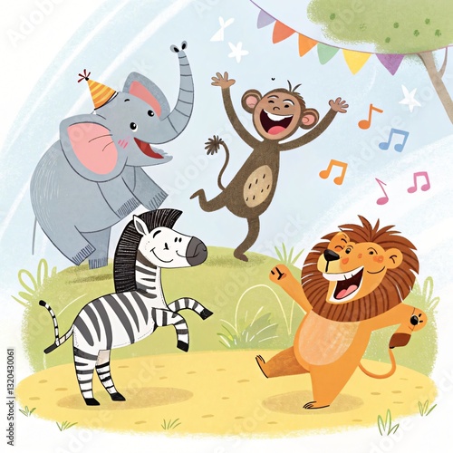 Wallpaper Mural Joyful African Animals Celebrate at Birthday Party Elephant Zebra Monkey Lion Cartoon Illustration Torontodigital.ca