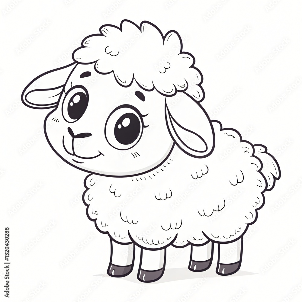 Obraz premium Adorable Cartoon Lamb Cute Sheep Illustration Childrens Book Farm Animal Drawing Black and White