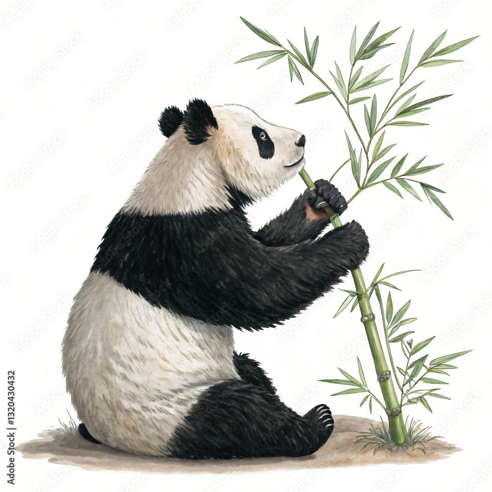 Naklejka premium Adorable Giant Panda Bear Eating Fresh Bamboo Shoots in Watercolor Illustration