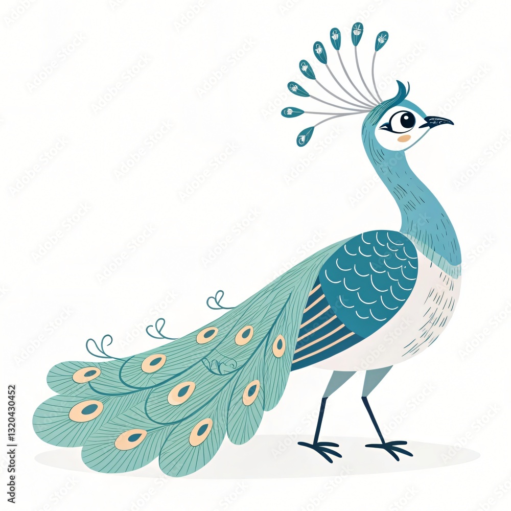 Fototapeta premium Elegant Teal Peacock Bird Illustration Charming Avian Design Perfect for Kids Decor and Print