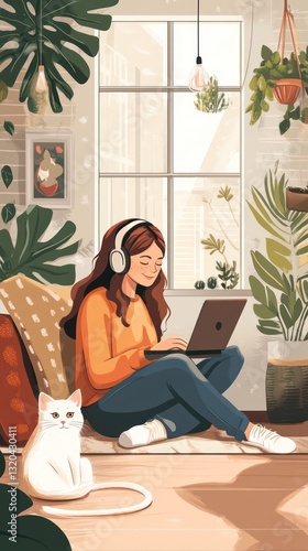 Woman listening to music, working from home, plant-filled room photo