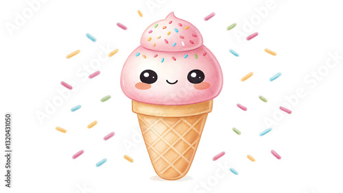 Cute Watercolor Ice Cream Art Cute Cartoon Ice Cream Cone with Sprinkles and Smiling Face