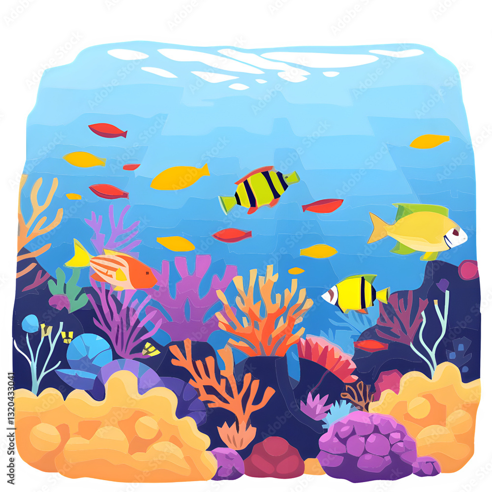 Naklejka premium Colorful cartoon coral reef illustration with tropical fish swimming in blue water.