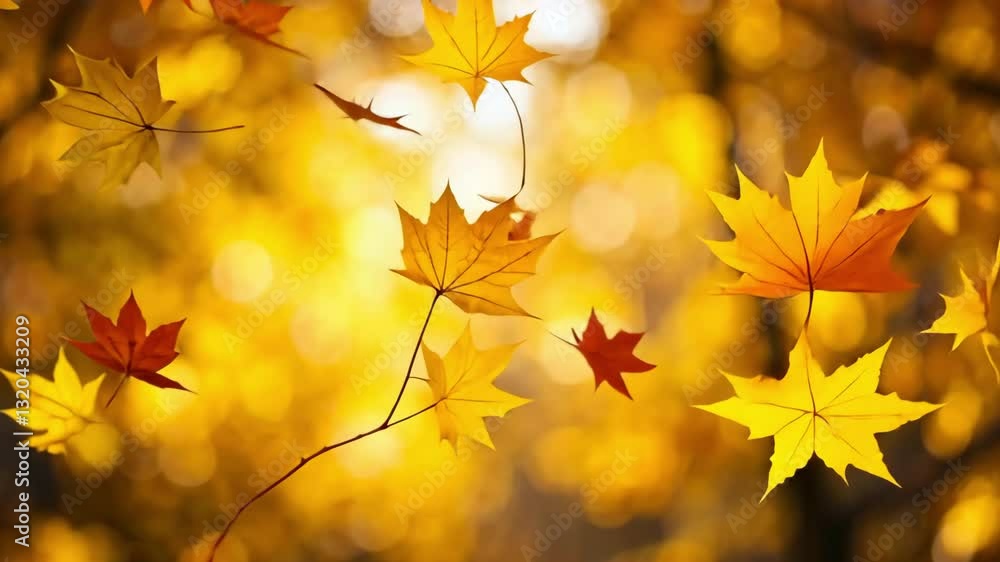 Golden autumn leaves falling in sunlight creating a warm and vibrant seasonal background Golden autumn leaves falling in sunlight creating a warm and vibrant seasonal background