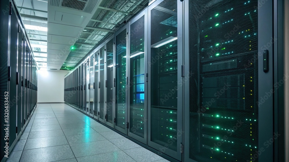 A Silent Hum Of Power, A Network Of Glowing Servers In A Vast Data Center, Bathed In Cool, Electric Light A Silent Hum Of Power, A Network Of Glowing Servers In A Vast Data Center, Bathed In Cool, Electric Light