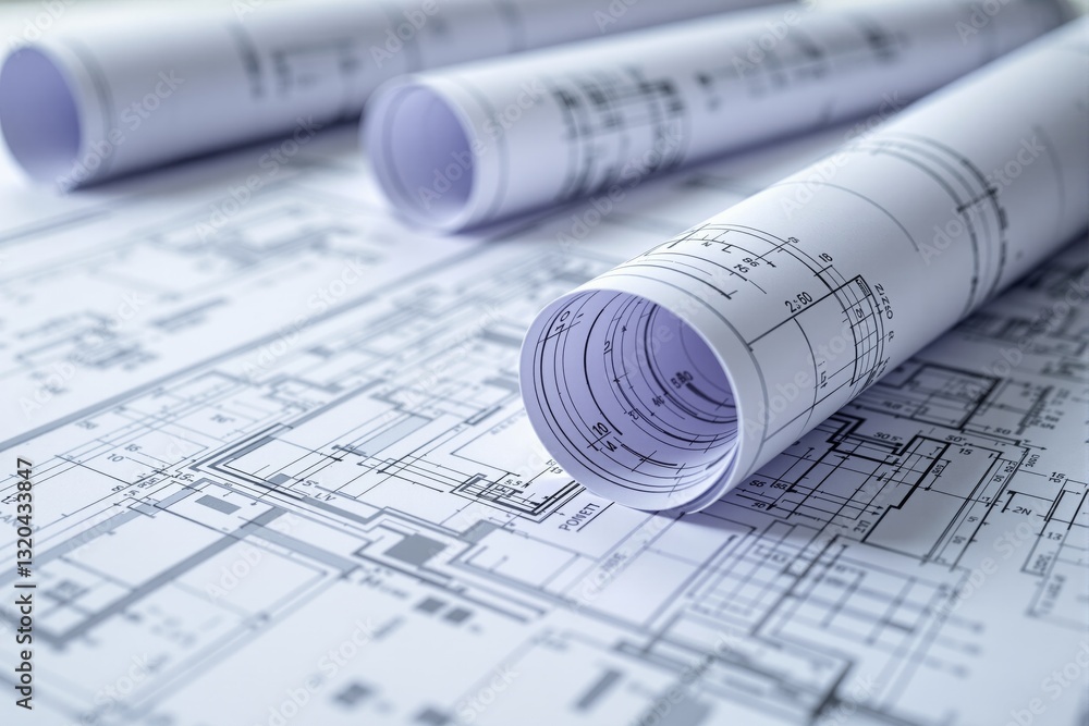 Detailed architectural blueprints with rolled-up plans on a table, creating a professional background. Concept of engineering, construction, and creative design. Ai generative Detailed architectural blueprints with rolled-up plans on a table, creating a professional background. Concept of engineering, construction, and creative design. Ai generative