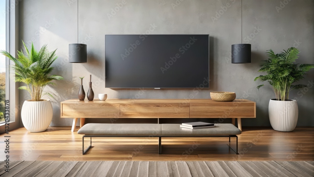 Sleek modern soundbar sits on a minimalist coffee table next to a large flat screen tv with a wooden stand , hom decor, sound and vision Sleek modern soundbar sits on a minimalist coffee table next to a large flat screen tv with a wooden stand , hom decor, sound and vision