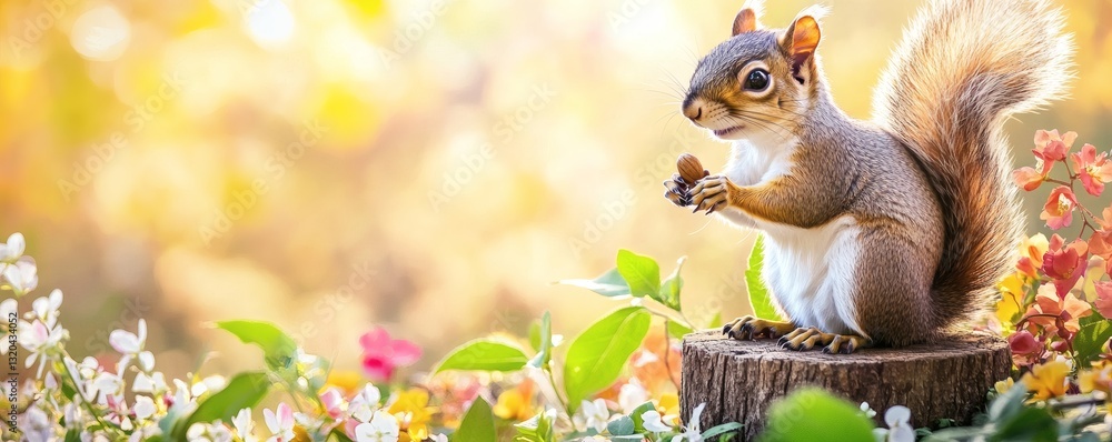 A cute squirrel standing on a wooden stump holding a nut A cute squirrel standing on a wooden stump holding a nut