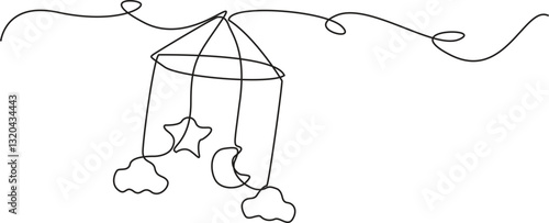 One line continuous of baby hanging toys. Minimalist style vector illustration in white background, Children s toys over the crib, Continuous line drawing of childhood, safety.