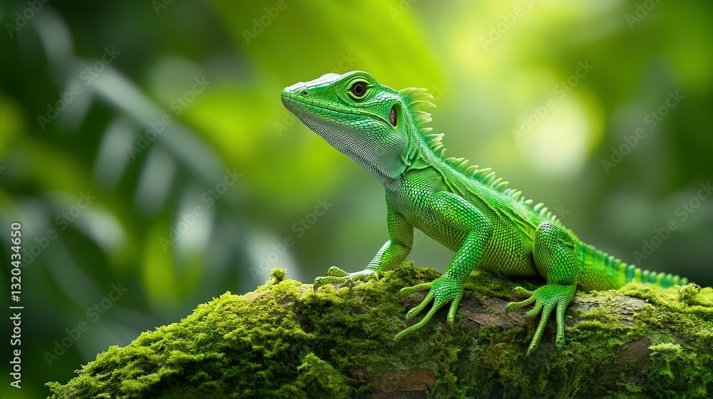 A vibrant green lizard is perched upon a mossy branch A vibrant green lizard is perched upon a mossy branch