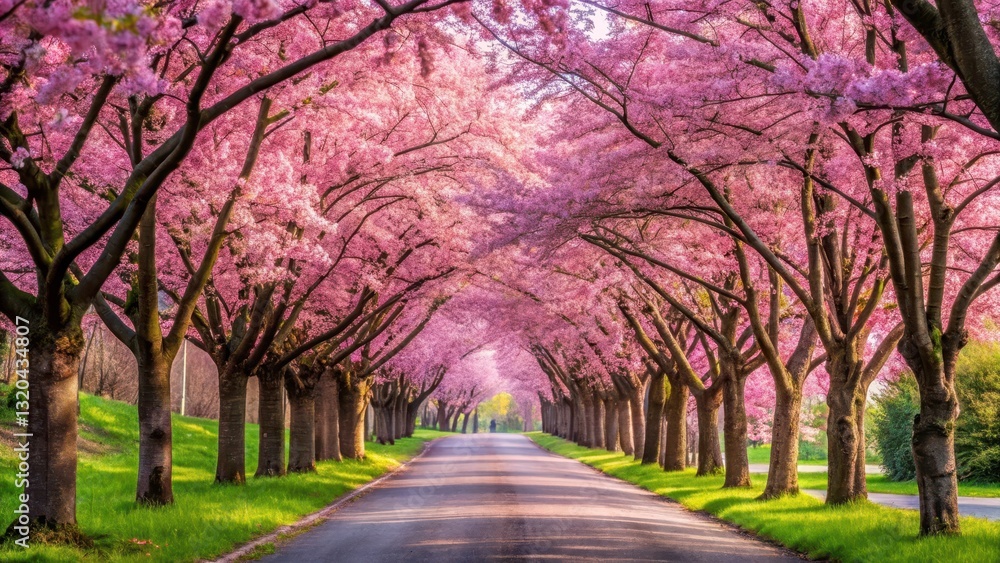 Cherry blossom road with blooming pink flowers lining the pathway Cherry blossom road with blooming pink flowers lining the pathway