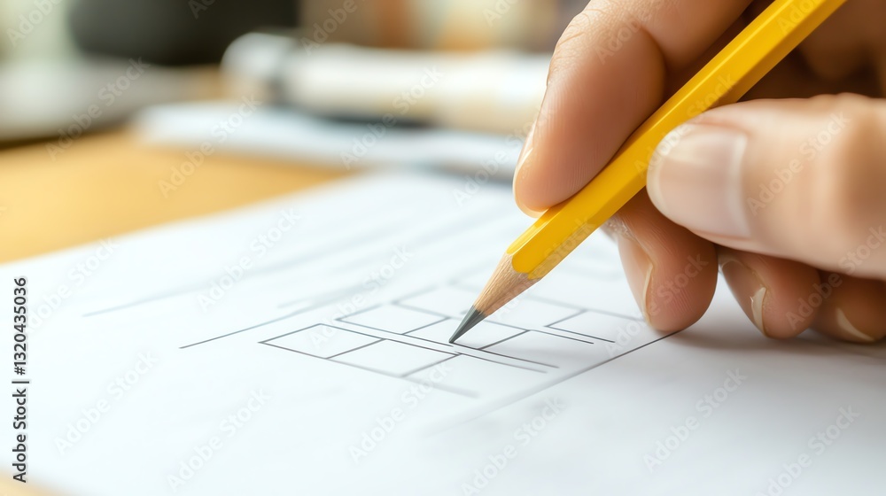 A hand drawing squares on paper with a pencil. A hand drawing squares on paper with a pencil.