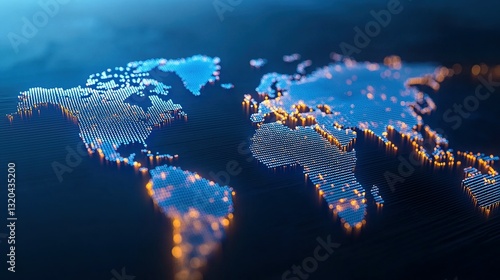 Fototapeta Naklejka Na Ścianę i Meble -  A stylized representation of a digital world map illuminated blue and gold