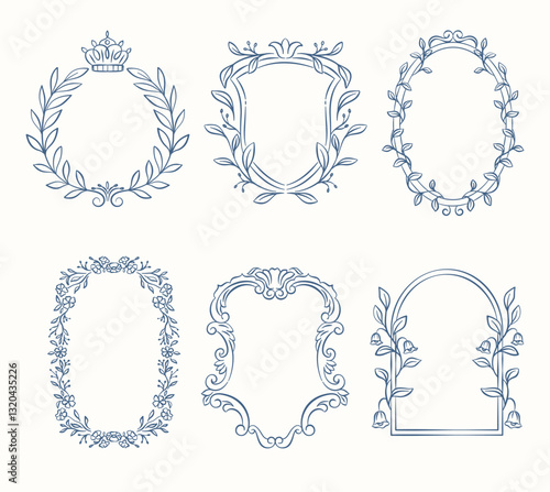 These classic vintage frames feature intricate line art with floral and ornamental flourishes