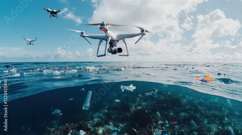 Drone surveying plastic pollution in ocean.  Drone technology monitoring plastic waste in marine environment