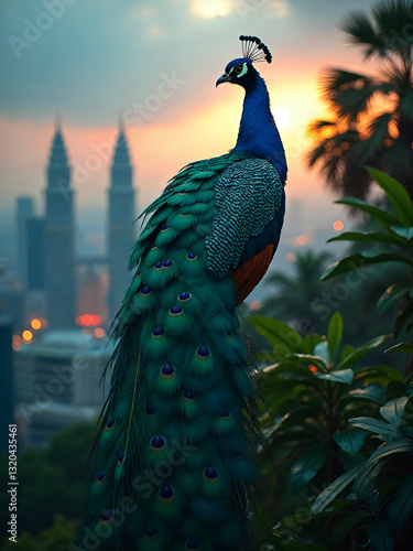 A vibrant peacock with blue neck and green feathers perches on a tree branch, with the Petronas Towers at sunset in the background.