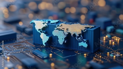 A stylized shipping container with world map illumination on circuit board