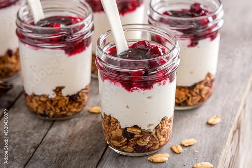 Autumn granola parfait with yogurt and cranberry jam