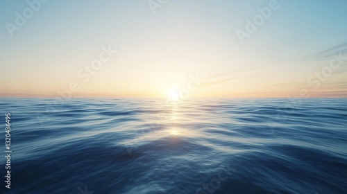 44.A breathtaking, long-exposure shot of the calm blue sea blending seamlessly into the clear sky during sunset, with soft, blurred motion of the water creating a peaceful, almost dreamlike