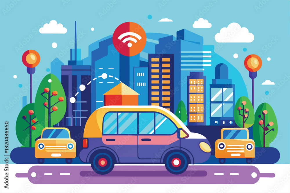 A customizable semi-flat vehicle drives through a colorful city with modern buildings and greenery, Smart mobility Customizable Semi Flat Illustration A customizable semi-flat vehicle drives through a colorful city with modern buildings and greenery, Smart mobility Customizable Semi Flat Illustration