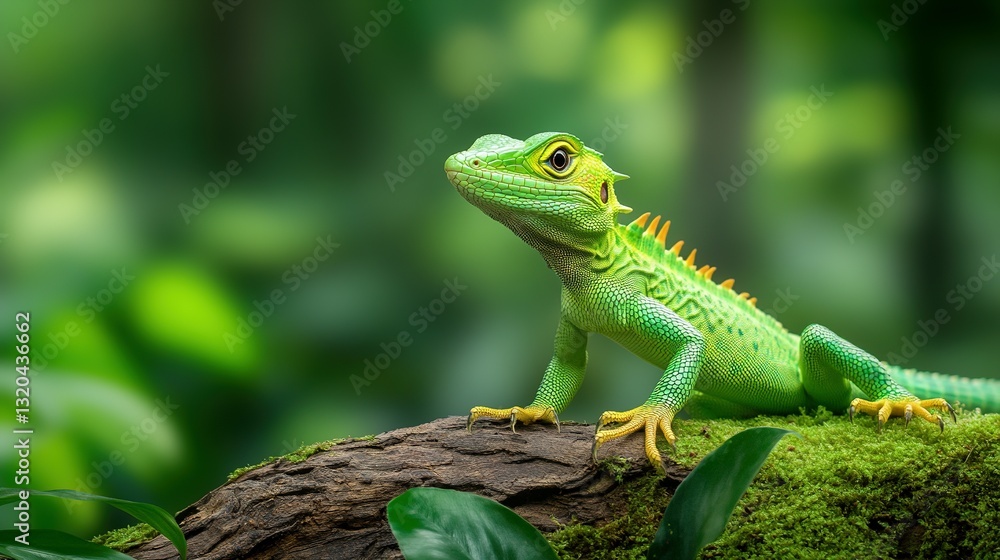 Fototapeta premium A vibrant green lizard rests on a mossy wooden log