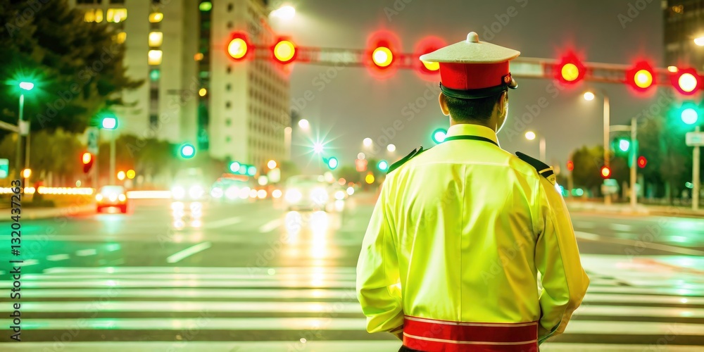 Obraz premium Silhouette Traffic Police Officer, Traffic Light, City Night, Urban Scene, Dark Photography, Dramatic Lighting