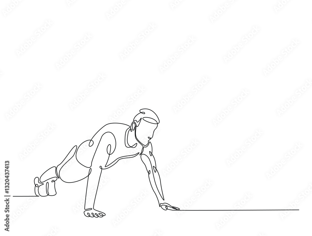 Continuous line art drawing of man doing push up illustration. Fitness activity concept in one line drawing vector design. Editable stroke. Continuous line art drawing of man doing push up illustration. Fitness activity concept in one line drawing vector design. Editable stroke.