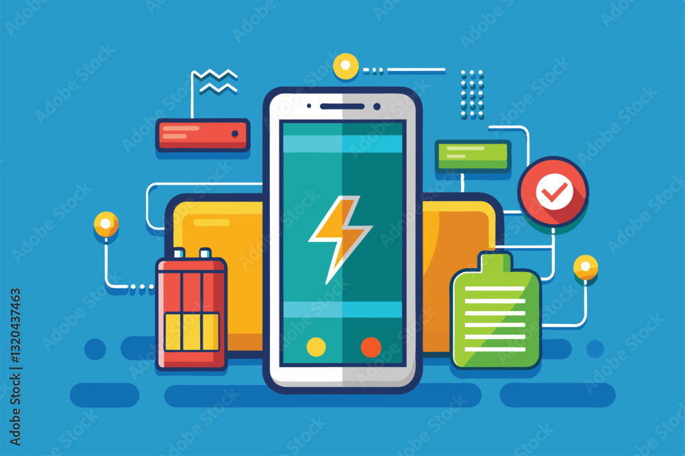 A smartphone battery graphic is illustrated with various charging indicators on a vibrant blue background, Smartphone battery performance A smartphone battery graphic is illustrated with various charging indicators on a vibrant blue background, Smartphone battery performance