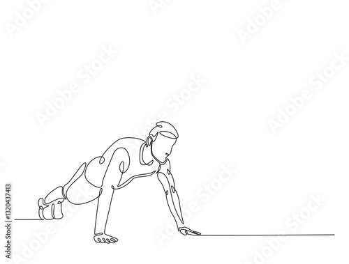 Continuous line art drawing of man doing push up illustration. Fitness activity concept in one line drawing vector design. Editable stroke.