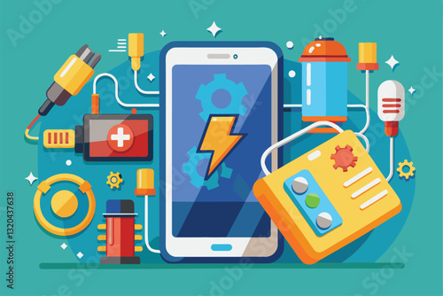 A collection of charging accessories and tools focuses on enhancing smartphone battery performance and longevity, Smartphone battery performance and long life battery energy power source maintenance