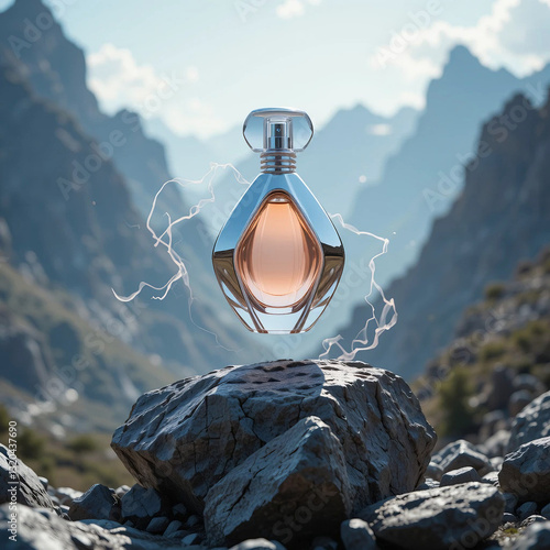 Artistic Perfume Bottle on Stone with Mountain Background – Luxury & Minimalist Aesthetic