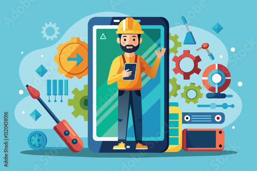 A technician stands with a smartphone, surrounded by tools and vibrant gears illustrating device repairs, smartphone troubleshooting service