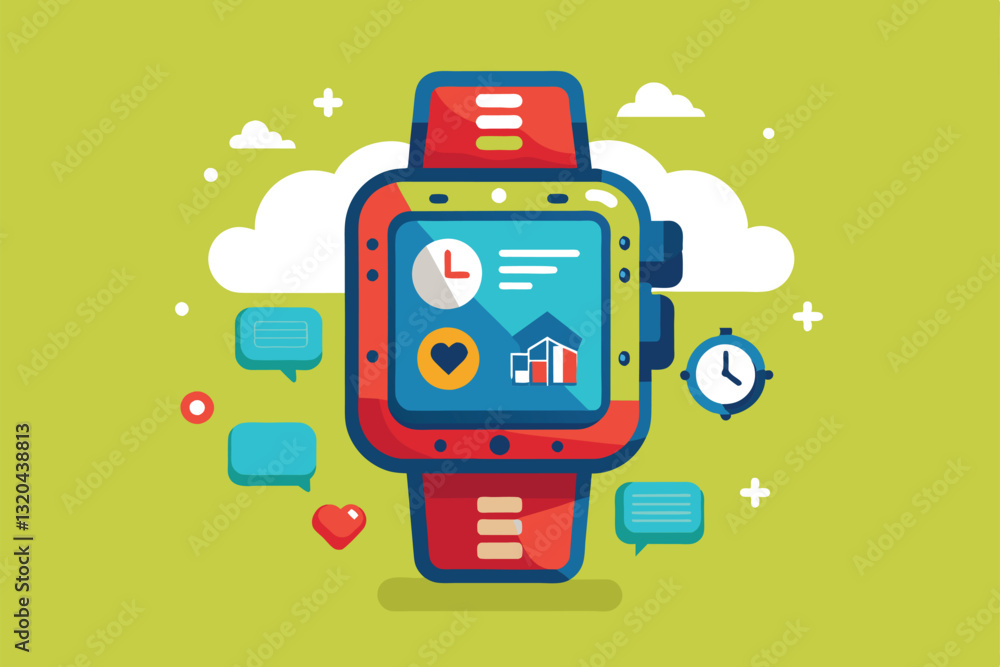 A vibrant smartwatch graphic highlighting customizable features and notifications, showcasing its functionality, Smartwatch Customizable Flat Illustration A vibrant smartwatch graphic highlighting customizable features and notifications, showcasing its functionality, Smartwatch Customizable Flat Illustration