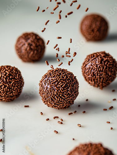 Brigadeiros gourmet com granulado de chocolate caindo em cena criativa
