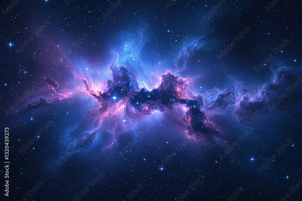Obraz premium Cosmic nebula with glowing blue and purple gaseous clouds in deep space, surrounded by countless stars, creating a creative celestial background. Ai generative