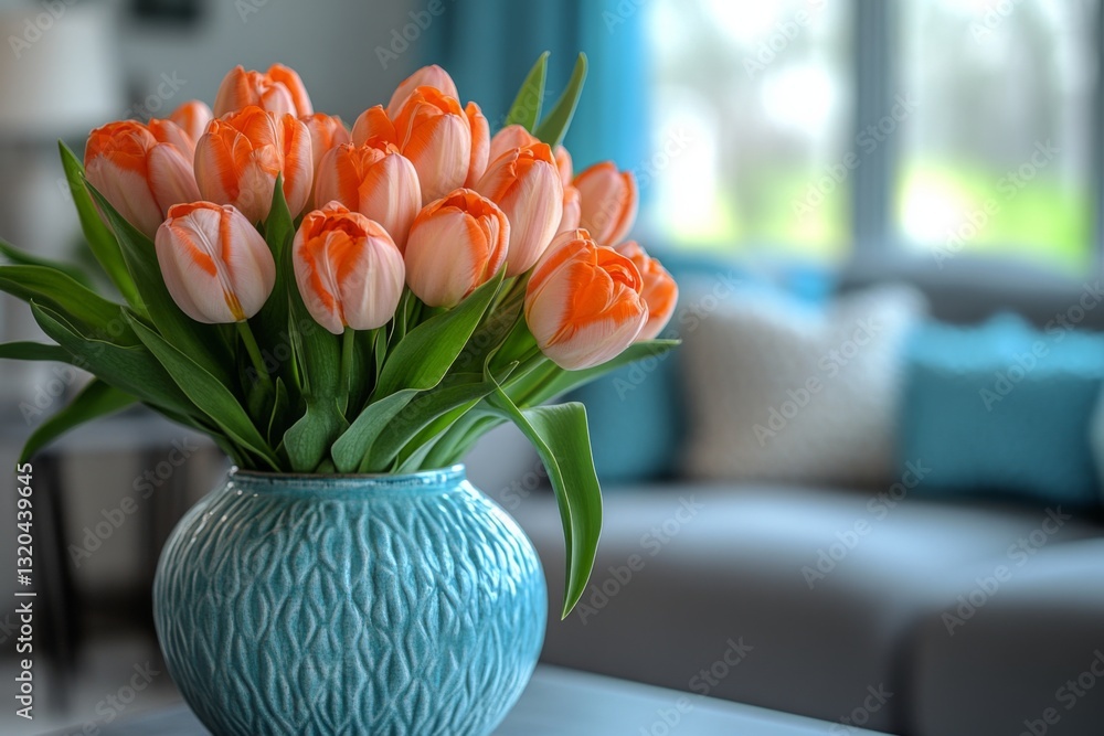 Orange Tulips In Blue Vase
