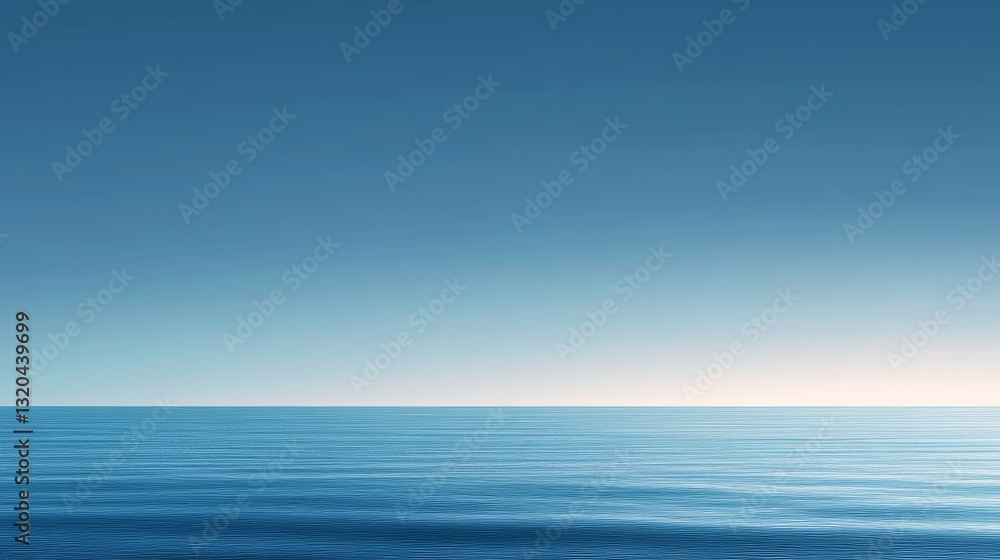 Obraz premium 47.A peaceful, expansive horizontal view of a calm blue ocean under a cloudless sky at sunset, with extreme long exposure capturing the smooth, blurred motion of the sea, enhancing the tranquility of