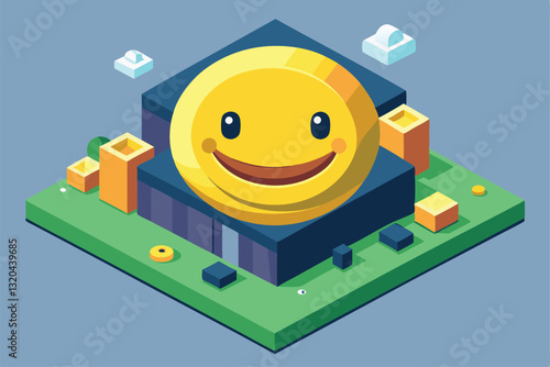 A large, cheerful smiley face sits atop a colorful isometric landscape, surrounded by geometric forms, Smiley face Customizable Isometric Illustration